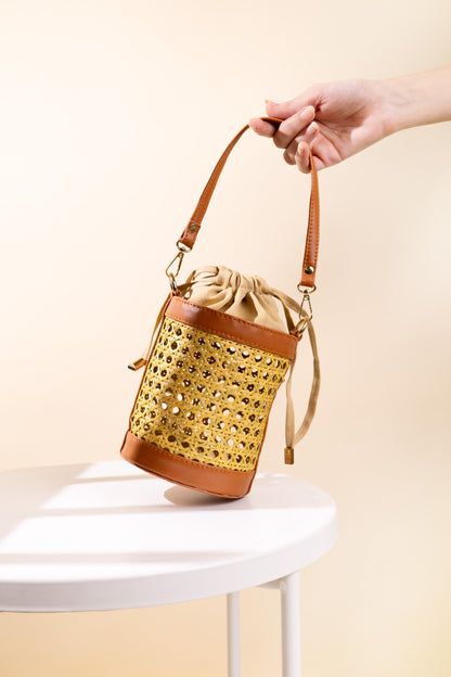 Rattan Weave Bucket Bag - Nude Tan