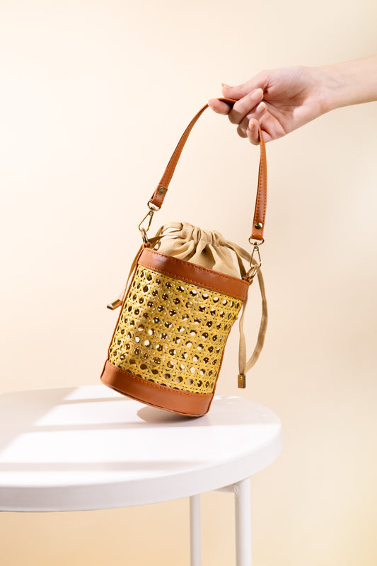 Rattan Weave Bucket Bag - Tan