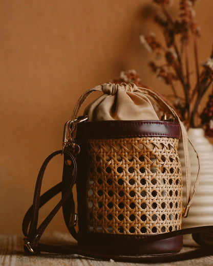 Rattan Weave Bucket Bag - Vintage Merlot