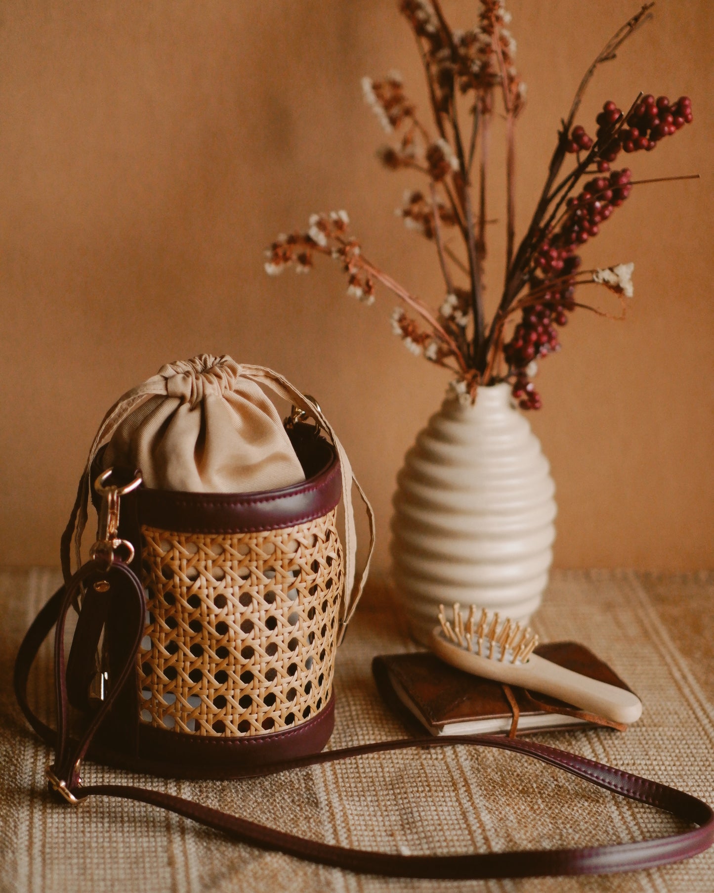 Rattan Weave Bucket Bag - Vintage Merlot