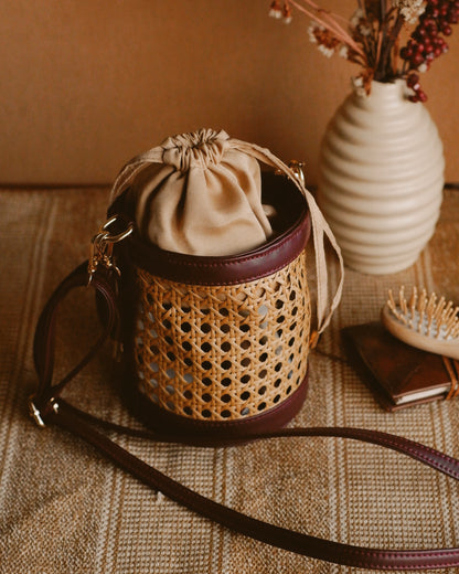 Rattan Weave Bucket Bag - Vintage Merlot