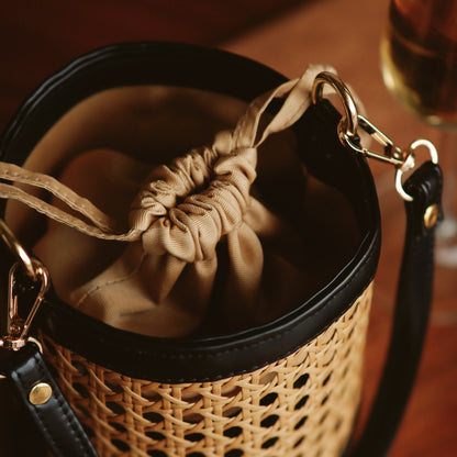 Rattan Weave Bucket Bag - Black