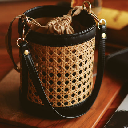 Rattan Weave Bucket Bag - Black