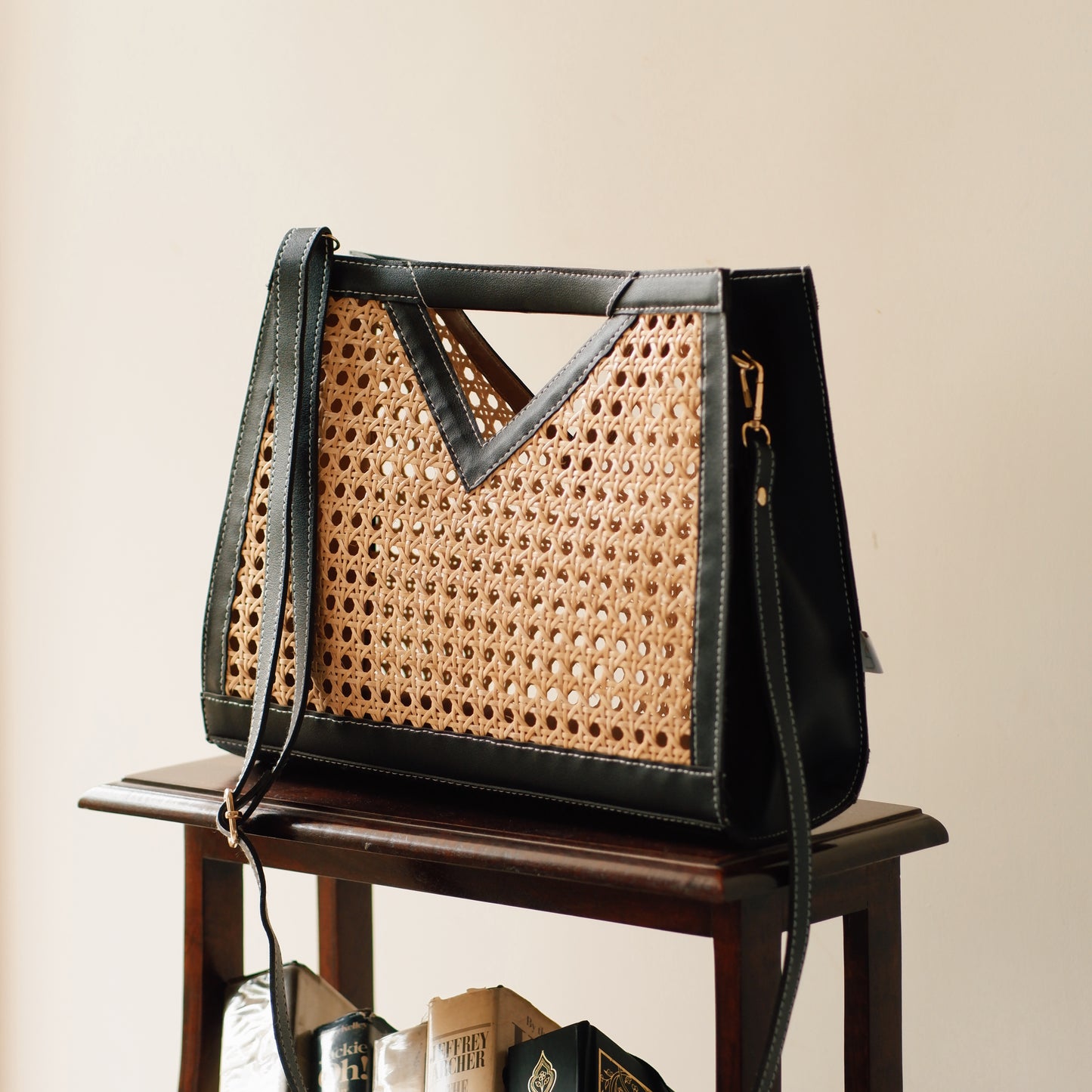 Rattan Weave Tan Sling/ Tote - Black