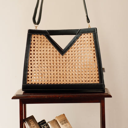 Rattan Weave Tan Sling/ Tote - Black